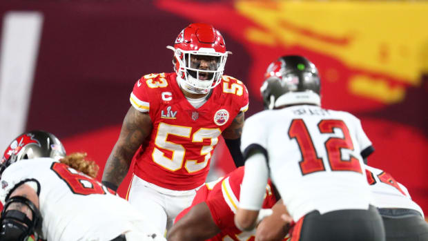 Feb 4, 2021; Tampa, FL, USA; Kansas City Chiefs linebacker Anthony Hitchens (53) against the Tampa Bay Buccaneers in Super Bowl LV at Raymond James Stadium. Mandatory Credit: Mark J. Rebilas-USA TODAY Sports