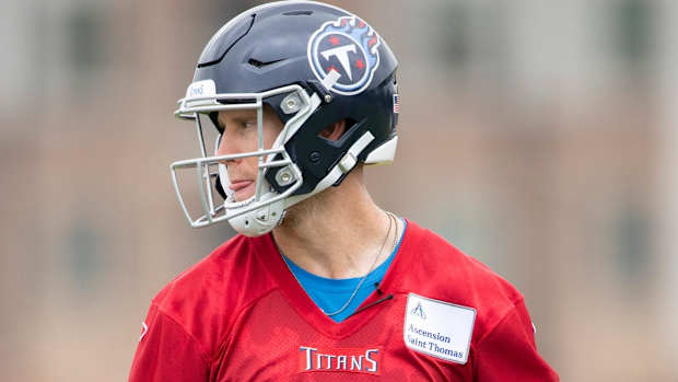 Tennessee Titans quarterback Ryan Tannehill (17) walks to the next drill during practice at Saint Thomas Sports Park Thursday, June 10, 2021 in Nashville, Tenn.