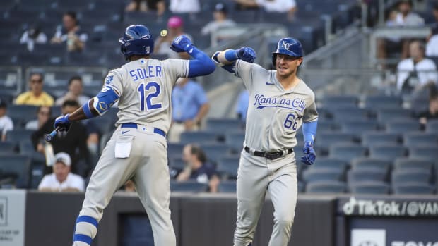 Jun 23, 2021; Bronx, New York, USA; Kansas City Royals designated hitter Ryan O Hearn (66) is greeted by right fielder Jorge Soler (12) after hitting a two-run home run in the first inning against the New York Yankees at Yankee Stadium. Mandatory Credit: Wendell Cruz-USA TODAY Sports