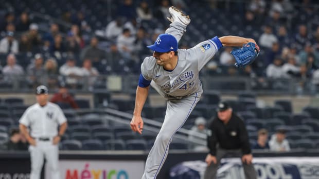 Jun 22, 2021; Bronx, New York, USA; Kansas City Royals relief pitcher Kyle Zimmer (45) delivers a pitch during the eighth inning against the New York Yankees at Yankee Stadium. Mandatory Credit: Vincent Carchietta-USA TODAY Sports