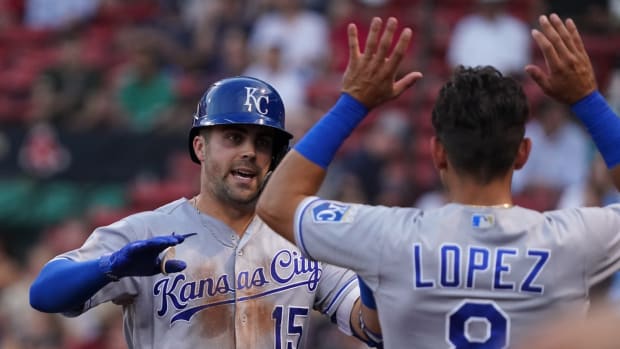 Jun 28, 2021; Boston, Massachusetts, USA; Kansas City Royals right fielder Whit Merrifield (15) reacts after hitting a home run against the Boston Red Sox during the second inning at Fenway Park. Mandatory Credit: David Butler II-USA TODAY Sports