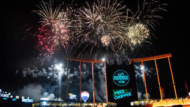 Jul 3, 2019; Kansas City, MO, USA; Fireworks display after the game between the Kansas City Royals and the Cleveland Indians at Kauffman Stadium. Mandatory Credit: Steven Branscombe-USA TODAY Sports