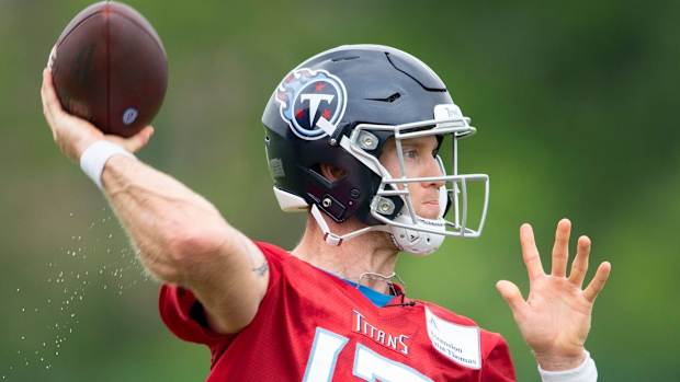 Tennessee Titans quarterback Ryan Tannehill (17) throws a pass during practice at Saint Thomas Sports Park Thursday, June 10, 2021 in Nashville, Tenn.