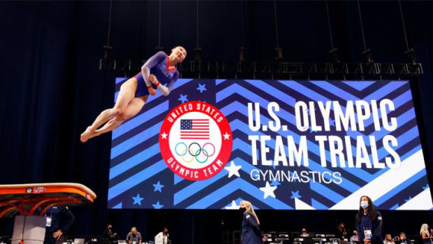 Kara Eaker warms up on the vault prior to the Women's competition of the 2021 U.S. Gymnastics Olympic Trials at America’s Center on June 27, 2021 in St Louis, Missouri. (Photo by Jamie Squire/Getty Images)