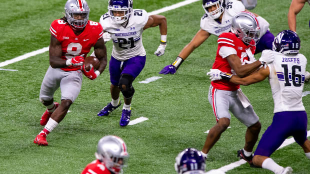 Ohio State Buckeyes running back Trey Sermon (8) during the second half of a Big Ten Championship game at Lucas Oil Stadium. Ohio State won 22-10. Doug McSchooler (FLO)-USA TODAY Sports