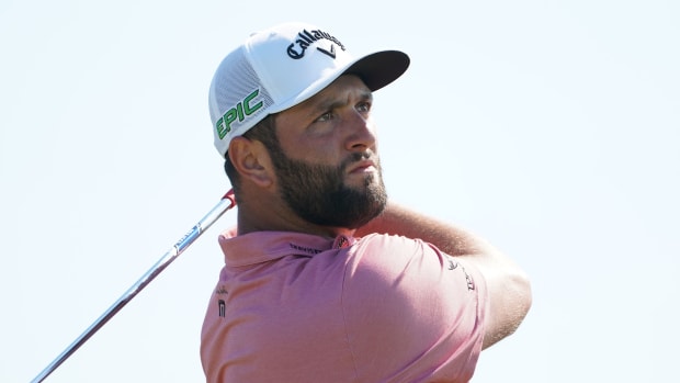 Jul 18, 2021; Sandwich, England, GBR; Jon Rahm plays his shot from the ninth tee during the final round of the Open Championship golf tournament.