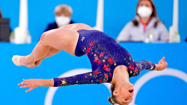 July 25: Grace McCallum competes on the floor in the women's gymnastics qualifications / © Danielle Parhizkaran via Imagn Content Services, LLC
