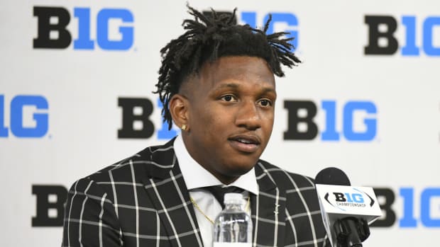 Jul 23, 2021; Indianapolis, Indiana, USA; Indiana Hoosiers quarterback Michael Penix Jr. speaks to the media during Big 10 media days at Lucas Oil Stadium.