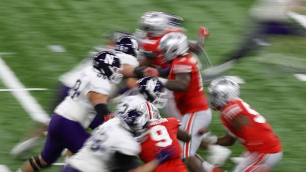 The line of scrimmage is seen during the second half between the Ohio State Buckeyes and the Northwestern Wildcats at Lucas Oil Stadium. Aaron Doster-USA TODAY Sports