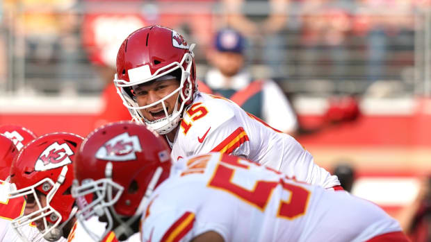 Aug 14, 2021; Santa Clara, California, USA; Kansas City Chiefs quarterback Patrick Mahomes (15) stands at the line against the San Francisco 49ers during the first quarter at Levi's Stadium. Mandatory Credit: Darren Yamashita-USA TODAY Sports