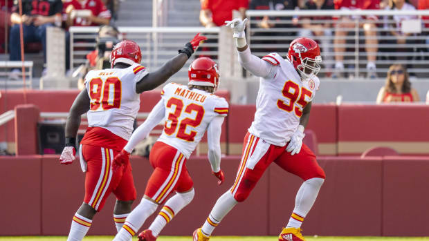 August 14, 2021; Santa Clara, California, USA; Kansas City Chiefs defensive end Chris Jones (95) celebrates after a sack against the San Francisco 49ers during the first quarter at Levi's Stadium. Mandatory Credit: Kyle Terada-USA TODAY Sports