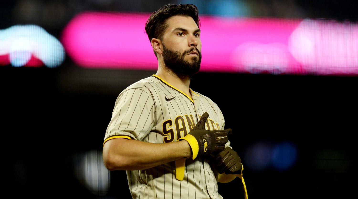 Aug 14, 2021; Phoenix, Arizona, USA; San Diego Padres first baseman Eric Hosmer (30) sheds his batting gloves after striking out against the Arizona Diamondbacks during the fifth inning at Chase Field.
