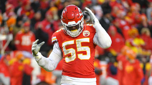 Jan 12, 2020; Kansas City, Missouri, USA; Kansas City Chiefs defensive end Frank Clark (55) dances on field during the AFC Divisional Round playoff football game against the Houston Texans at Arrowhead Stadium. Mandatory Credit: Denny Medley-USA TODAY Sports