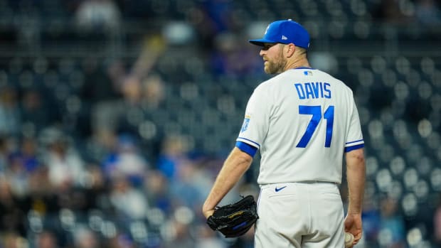 Jun 1, 2021; Kansas City, Missouri, USA; Kansas City Royals relief pitcher Wade Davis (71) pitches against the Pittsburgh Pirates during in the ninth inning at Kauffman Stadium. Mandatory Credit: Jay Biggerstaff-USA TODAY Sports