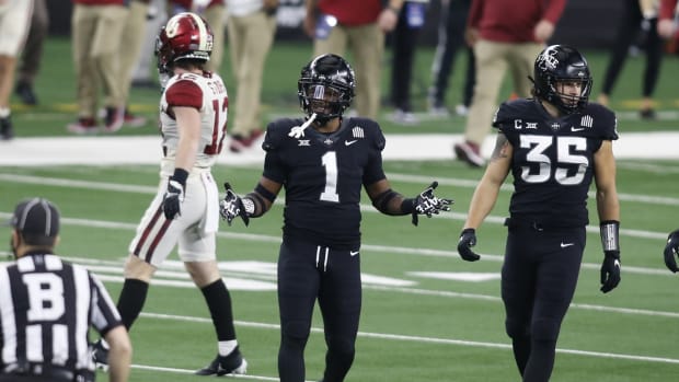 Dec 19, 2020; Arlington, Texas, USA; Iowa State Cyclones defensive back Isheem Young (1) reacts after being penalized for targeting in the first quarter against the Oklahoma Sooners at AT&T Stadium.