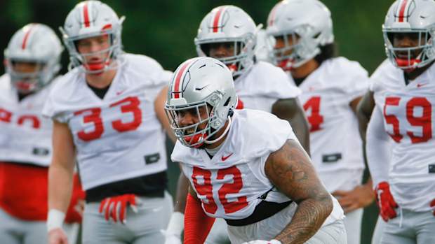 Ohio State Buckeyes defensive tackle Haskell Garrett (92) practices during football training camp at the Woody Hayes Athletic Center in Columbus on Wednesday, Aug. 18, 2021.