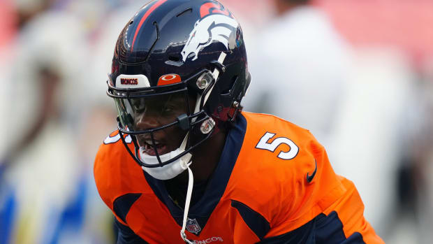 Denver Broncos quarterback Teddy Bridgewater (5) before the preseason game against the Los Angeles Rams at Empower Field at Mile High.