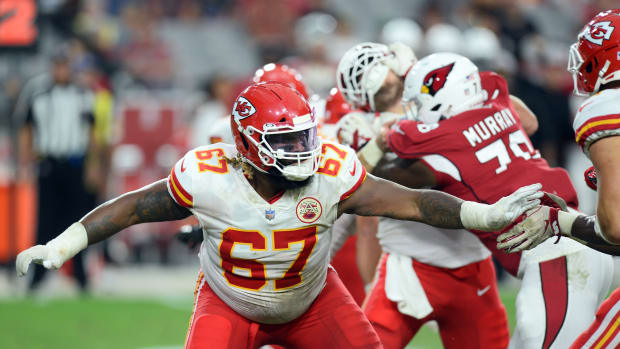 Aug 20, 2021; Glendale, Arizona, USA; Kansas City Chiefs offensive tackle Lucas Niang (67) blocks against the Arizona Cardinals during the first half at State Farm Stadium. Mandatory Credit: Joe Camporeale-USA TODAY Sports