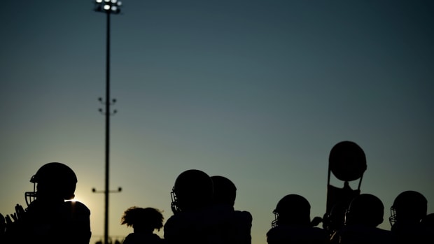 The sun sets over the Fulton sideline during a game between Austin-East and Fulton in Knoxville, Tenn. on Friday, Aug. 20, 2021.

Kns Austin East Fulton Football