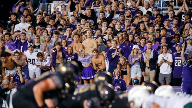 The Northwestern Wildcats student section cheers before the snap during the second quarter of the game against the Michigan State Spartans at Ryan Field. Jon Durr-USA TODAY Sports