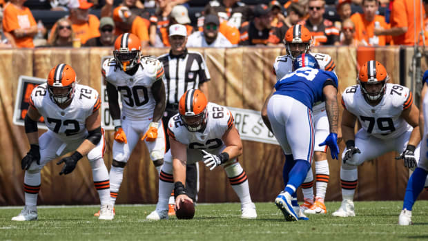 Aug 22, 2021; Cleveland, Ohio, USA; Cleveland Browns center Blake Hance (62) and offensive guard Colby Gossett (72) at the line of scrimmage with offensive guard Drew Forbes (79) against the New York Giants during the second quarter at FirstEnergy Stadium. Mandatory Credit: Scott Galvin-USA TODAY Sports