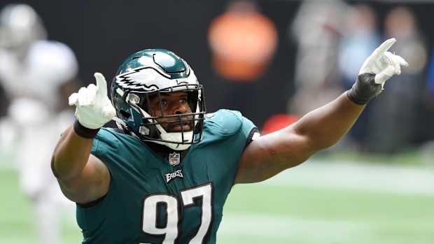 Javon Hargrave celebrates a big play in Eagles' 32-6 rout of the Atlanta Falcons on opening day
