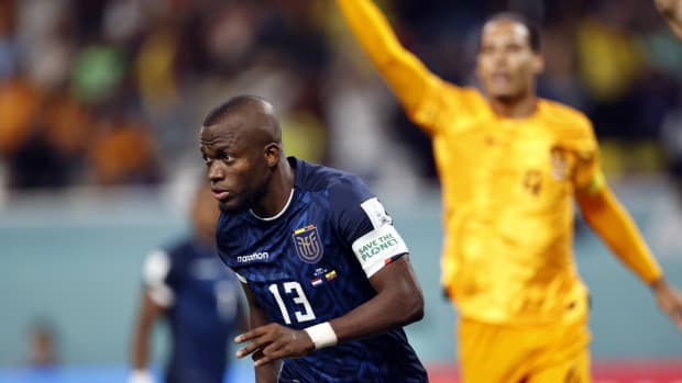 Ecuador’s Enner Valencia celebrates after scoring vs. the Netherlands.