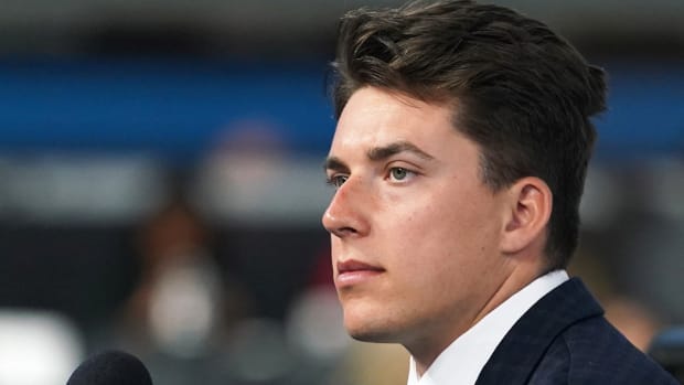 Michigan quarterback Cade McNamara talks to the media during Big Ten football media days at Lucas Oil Stadium.