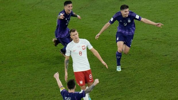 Argentina celebrates a goal at the World Cup vs. Poland.