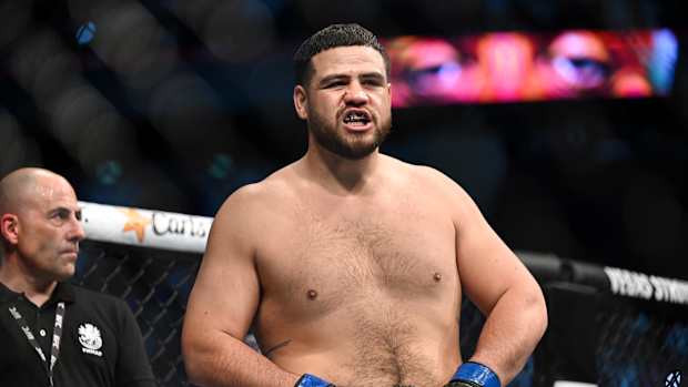 Tai Tuivasa (blue gloves) is introduced before fighting Ciryl Gane during UFC Fight Night at Accor Arena.