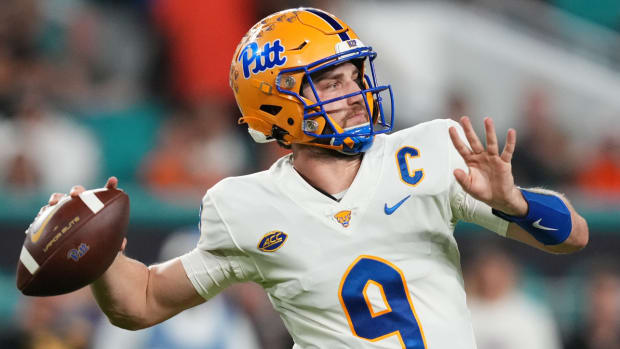 Pittsburgh quarterback Kedon Slovis throws a pass against Miami.