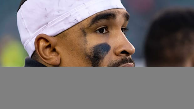 Philadelphia Eagles quarterback Jalen Hurts (1) on the field after a victory against the Tennessee Titans at Lincoln Financial Field.