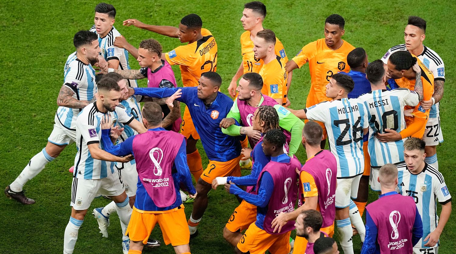 Netherlands and Argentina players argue during the World Cup quarterfinal soccer match.