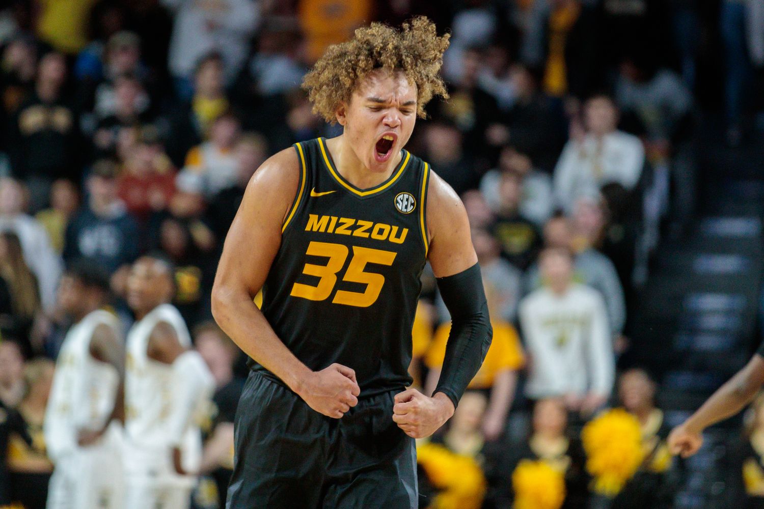 Nov 29, 2022; Wichita, Kansas, USA; Missouri Tigers forward Noah Carter (35) reacts after an overtime victory against against the Wichita State Shockers at Charles Koch Arena. Mandatory Credit: William Purnell-USA TODAY Sports