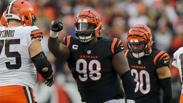 Dec 11, 2022; Cincinnati, Ohio, USA; Cincinnati Bengals defensive tackle DJ Reader (98) reacts after a play in the second half against the Cleveland Browns at Paycor Stadium. Mandatory Credit: Katie Stratman-USA TODAY Sports