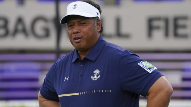 Navy head coach Ken Niumatalolo looks on before a game vs. East Carolina.