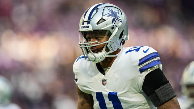 Dallas Cowboys linebacker Micah Parsons (11) looks on prior to the game against the Minnesota Vikings at U.S. Bank Stadium.
