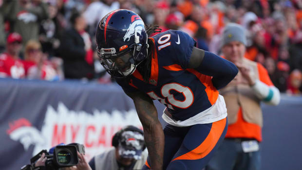 Dec 11, 2022; Denver, Colorado, USA; Denver Broncos wide receiver Jerry Jeudy (10) celebrates his touchdown in the second quarter against the Kansas City Chiefs at Empower Field at Mile High.