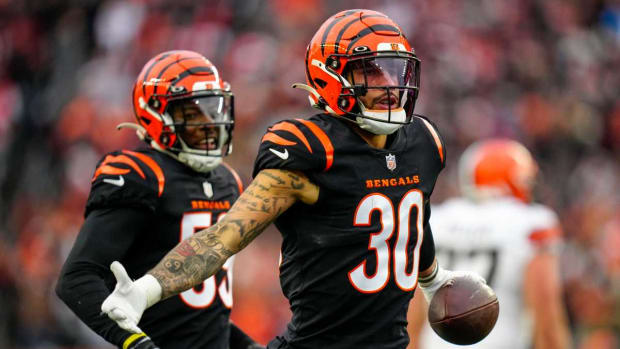 Cincinnati Bengals safety Jessie Bates III (30) celebrates after intercepting a pass from Cleveland Browns quarterback Deshaun Watson (4) in the fourth quarter of the NFL Week 14 game between the Cincinnati Bengals and the Cleveland Browns at Paycor Stadium in Cincinnati on Sunday, Dec. 11, 2022. The Bengals improved to 9-4 with a 23-10 win over the Browns. Cleveland Browns At Cincinnati Bengals Week 14