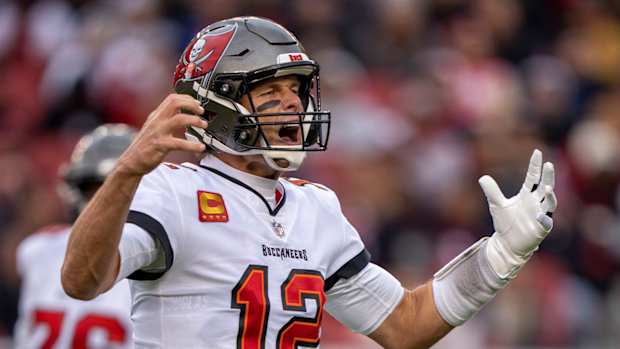December 11, 2022; Santa Clara, California, USA; Tampa Bay Buccaneers quarterback Tom Brady (12) reacts after missing a pass against the San Francisco 49ers during the second quarter at Levi’s Stadium.