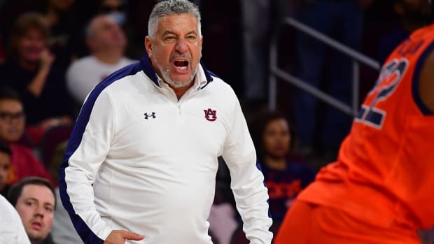 Dec 18, 2022; Los Angeles, California, USA; Auburn Tigers head coach Bruce Pearl watches game action against the Southern California Trojans during the second half at Galen Center. Mandatory Credit: Gary A. Vasquez-USA TODAY Sports