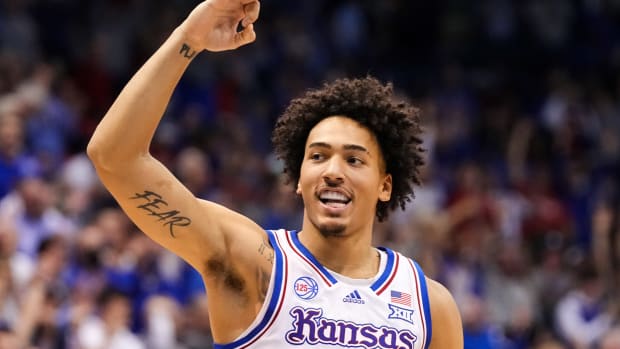 Dec 17, 2022; Lawrence, Kansas, USA; Kansas Jayhawks forward Jalen Wilson (10) celebrates during the second half against the Indiana Hoosiers at Allen Fieldhouse. Mandatory Credit: Jay Biggerstaff-USA TODAY Sports