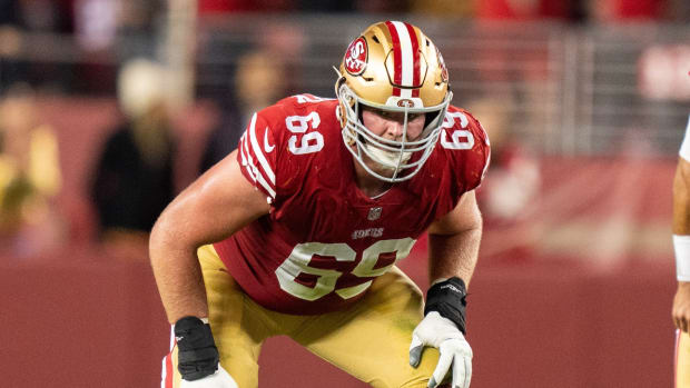 San Francisco 49ers offensive tackle Mike McGlinchey (69) during the fourth quarter against the Los Angeles Chargers at Levi's Stadium.