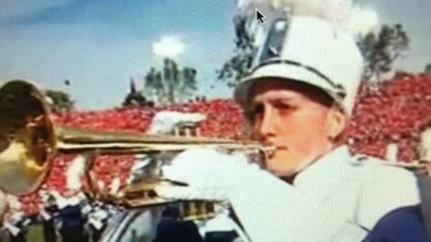 Tori (Cummings) Couch plays the trumpet at the 2011 Rose Bowl as a member of the TCU band. This was a screenshot from her brief appearance on ESPN.