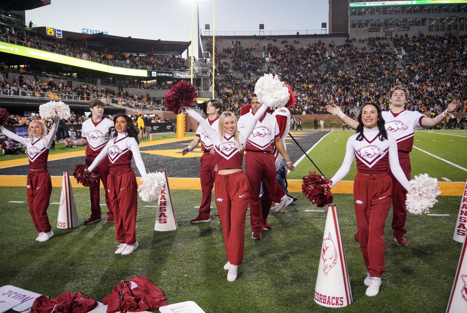 Nov 25, 2022; Columbia, Missouri, USA; The Arkansas Razorbacks cheerleaders perform against the Missouri Tigers during the second half at Faurot Field at Memorial Stadium. Mandatory Credit: Denny Medley-USA TODAY Sports
