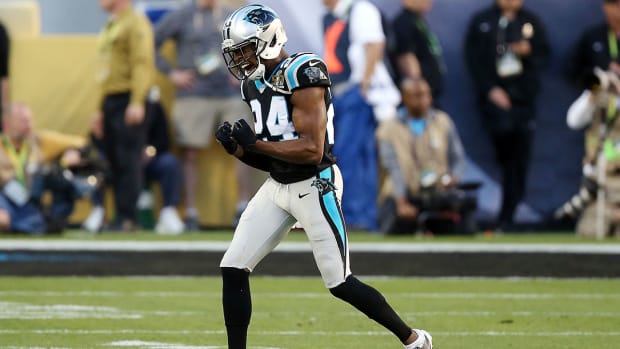 Carolina Panthers cornerback Josh Norman (24) reacts after a play during the second quarter against the Denver Broncos in Super Bowl 50 at Levi’s Stadium.