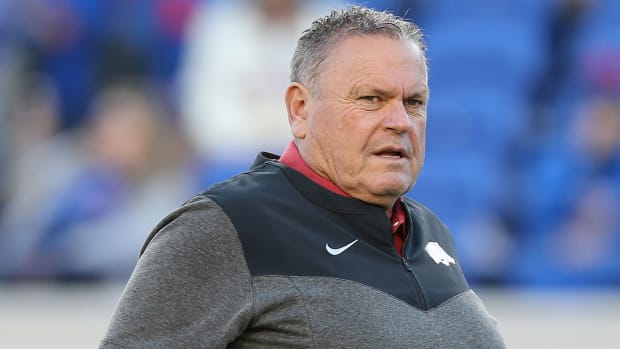 Arkansas Razorbacks coach Sam Pittman looks on prior to facing the Kansas Jayhawks in the 2022 Liberty Bowl at Liberty Bowl Memorial Stadium. (Nelson Chenault / USA TODAY Sports)
