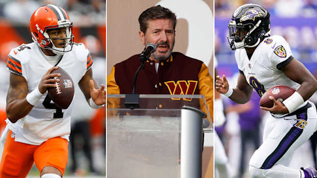 Separate photos of Deshaun Watson, Dan Snyder and Lamar Jackson