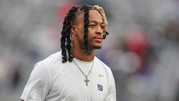 Dec 11, 2022; East Rutherford, New Jersey, USA; New York Giants safety Xavier McKinney (29) walks across the field before the game against the Philadelphia Eagles at MetLife Stadium.