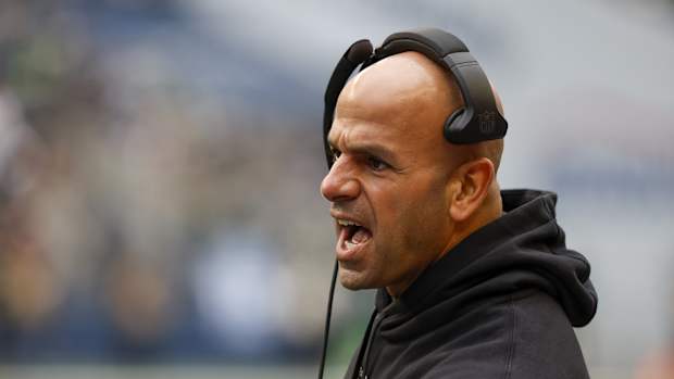 New York Jets head coach Robert Saleh yells on sideline
